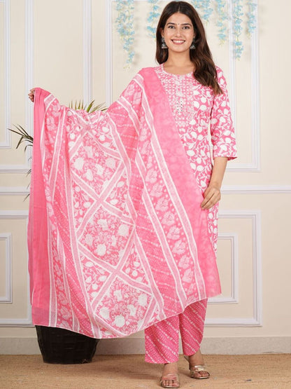 Dhiyona KL Floral Printed Round Neck Mirror Work Kurta With Palazzos & Dupatta
