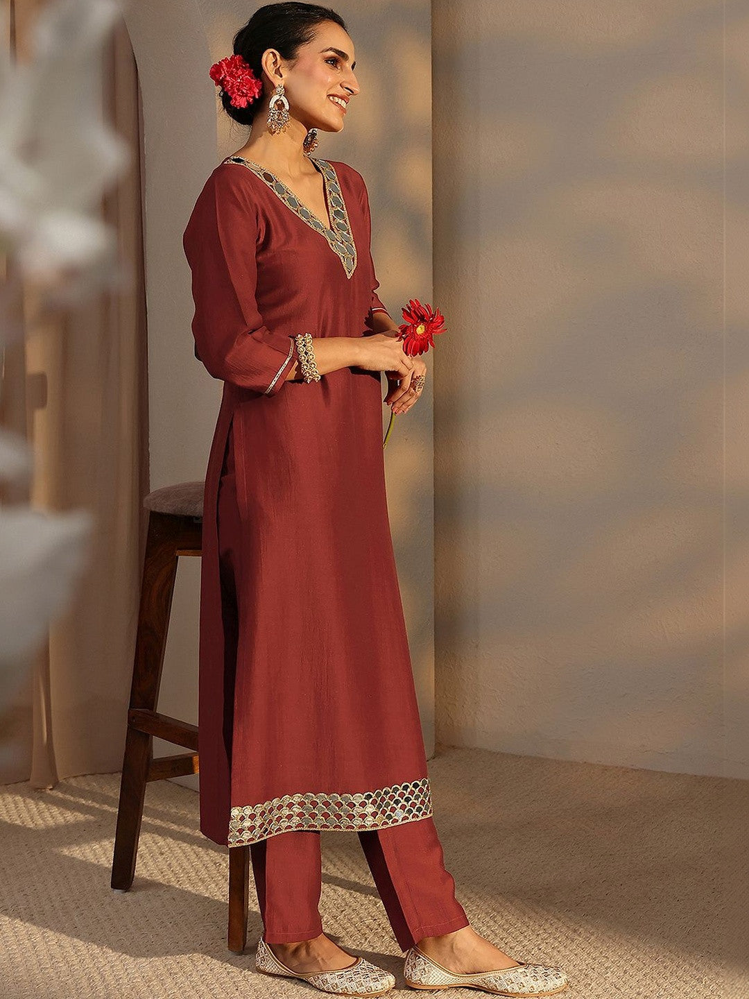 Rust Embellished Straight Kurta Set