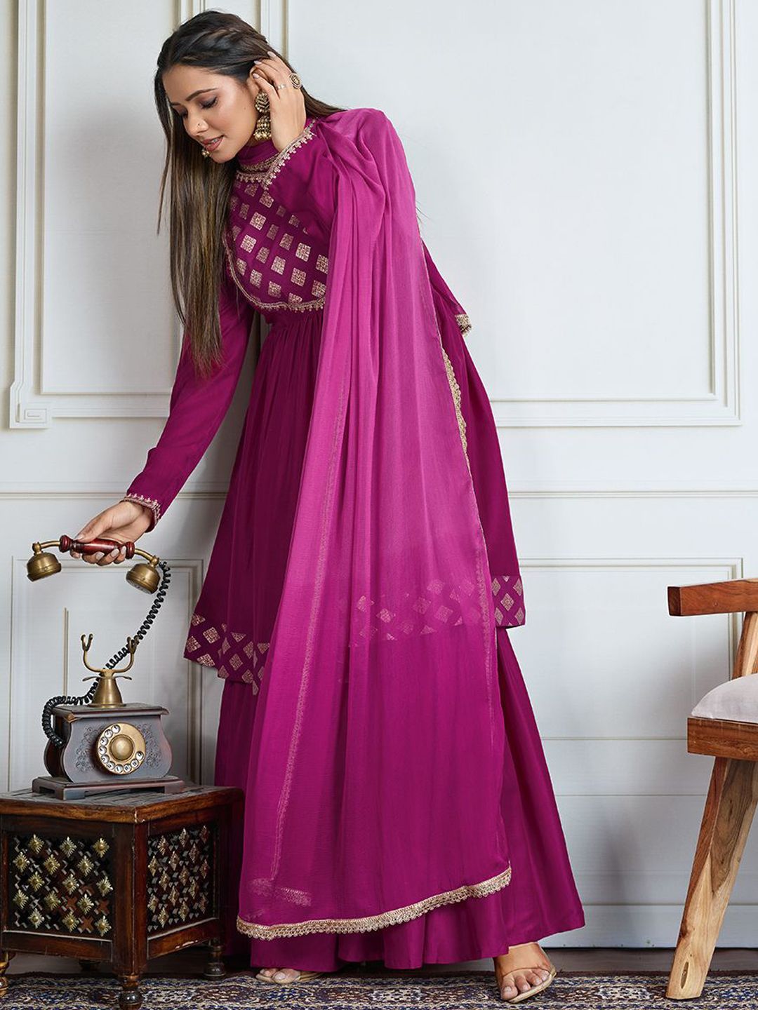 Dhiyona HOP Women Geometric Embroidered Kurta with Sharara & Dupatta