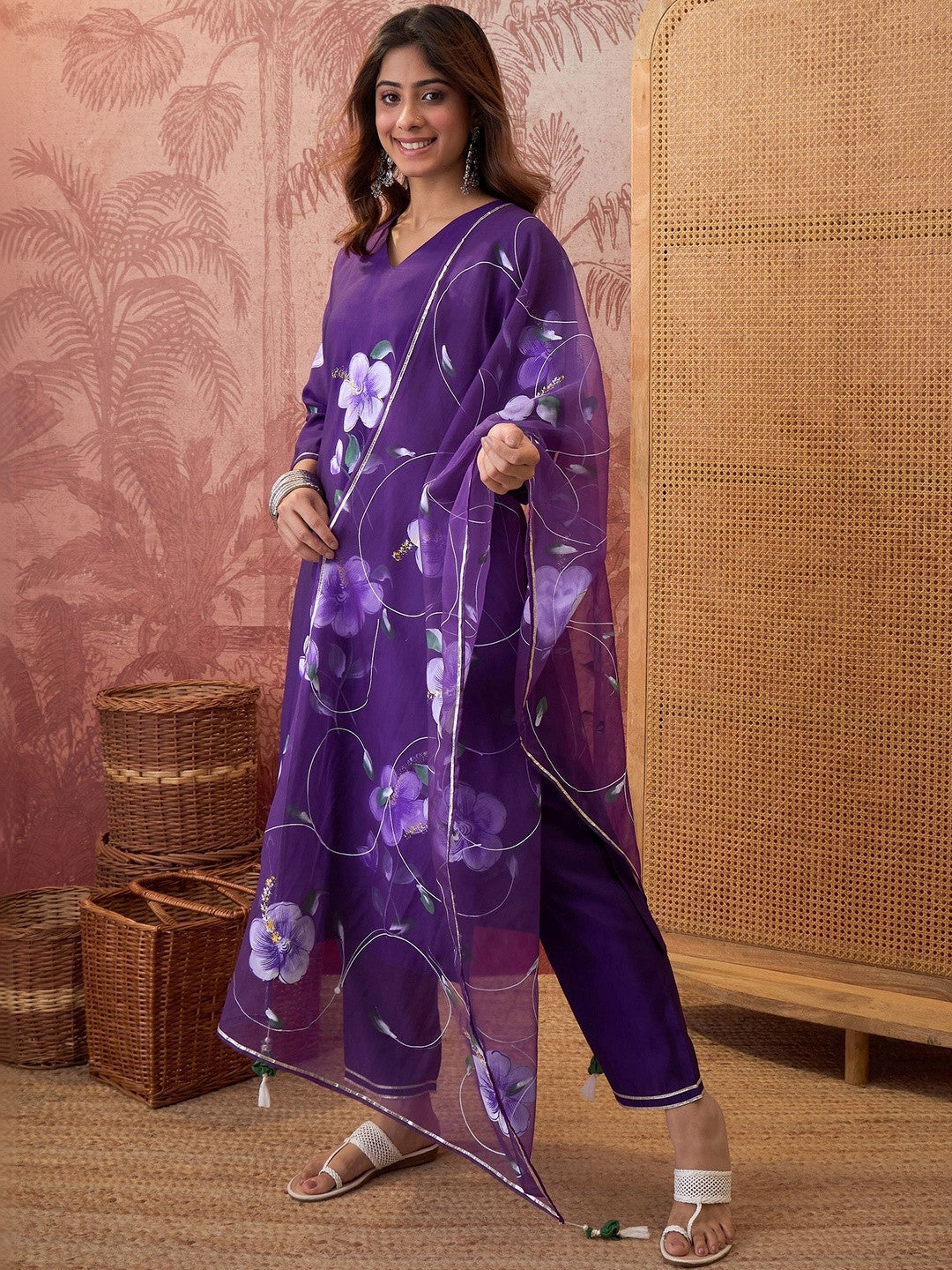 Printed V-Neck Kurta & Trousers With Dupatta