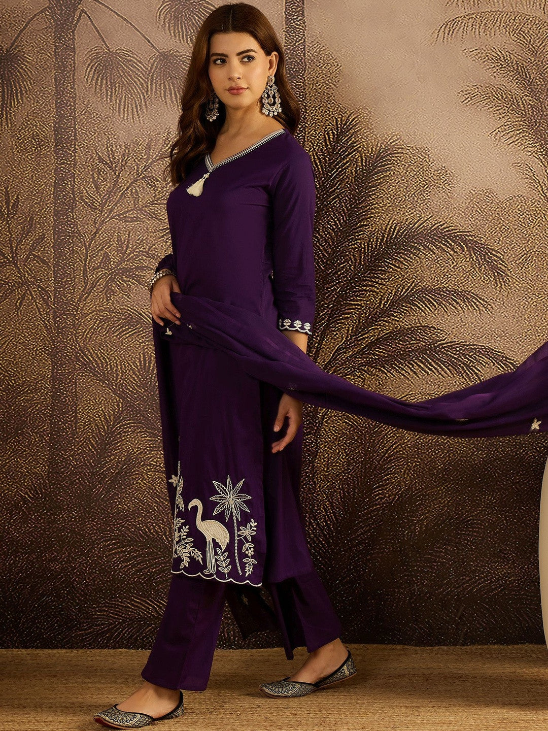 Thread Work Embroidered Kurta with Trousers & Dupatta