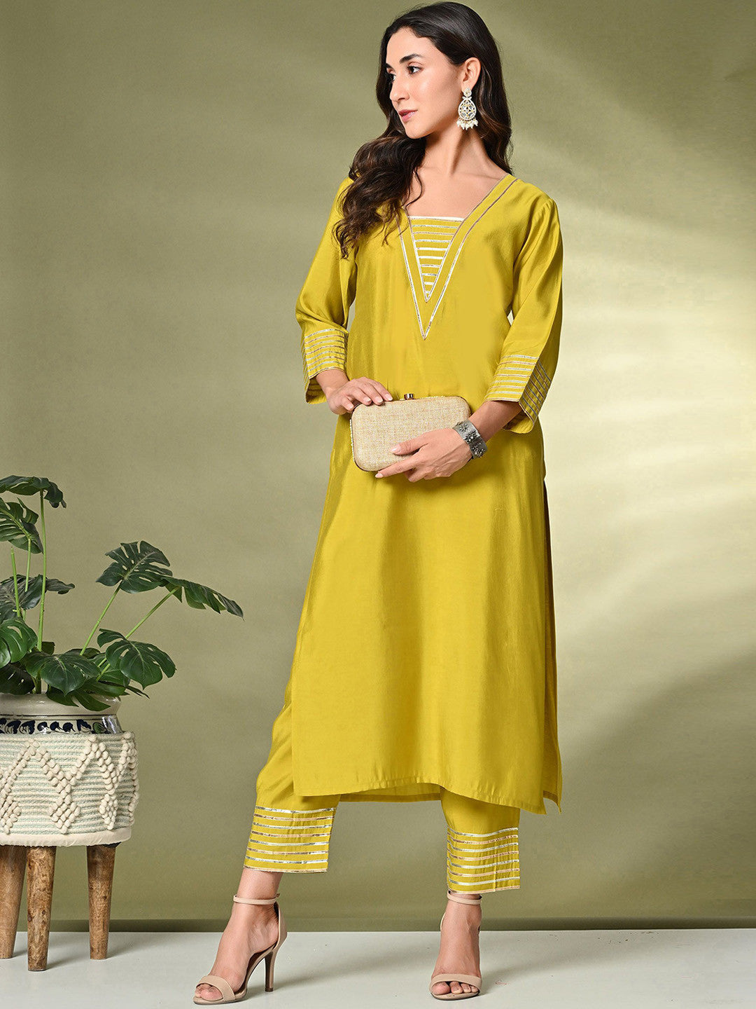 Lime Green Gotta Patti A-Line Kurta With Palazzo