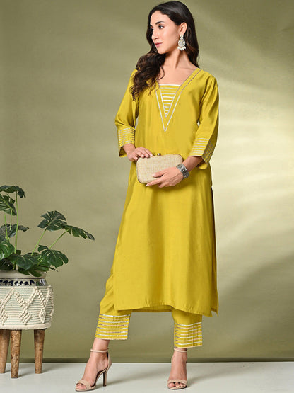 Lime Green Gotta Patti A-Line Kurta With Palazzo