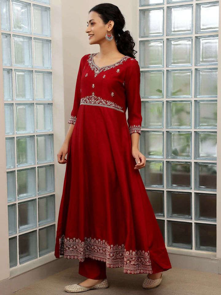 Women's LB Maroon Embroidered Silk Blend Anarkali Suit With Dupatta