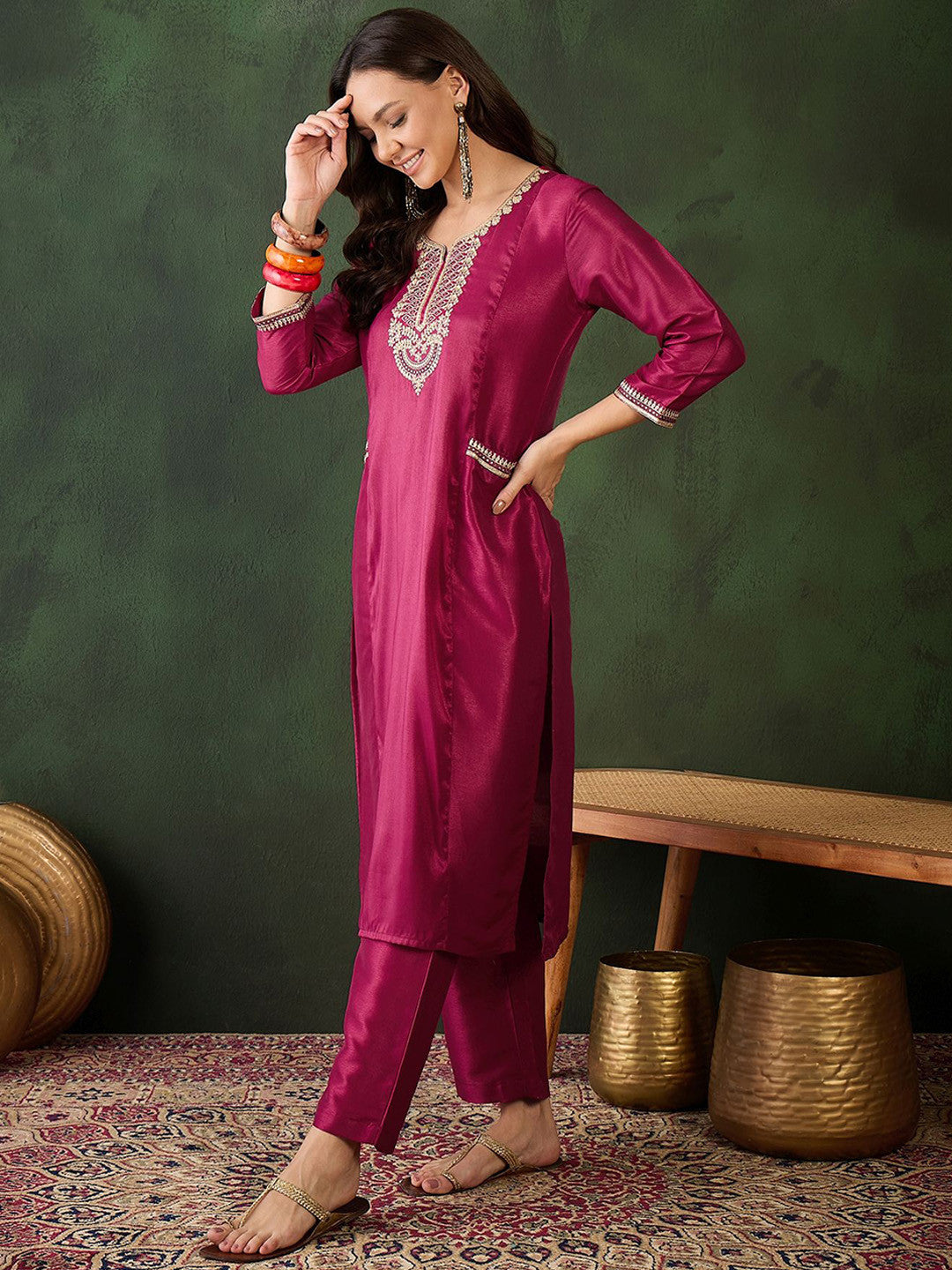 Women Embroidered Straight Kurta & Salwar