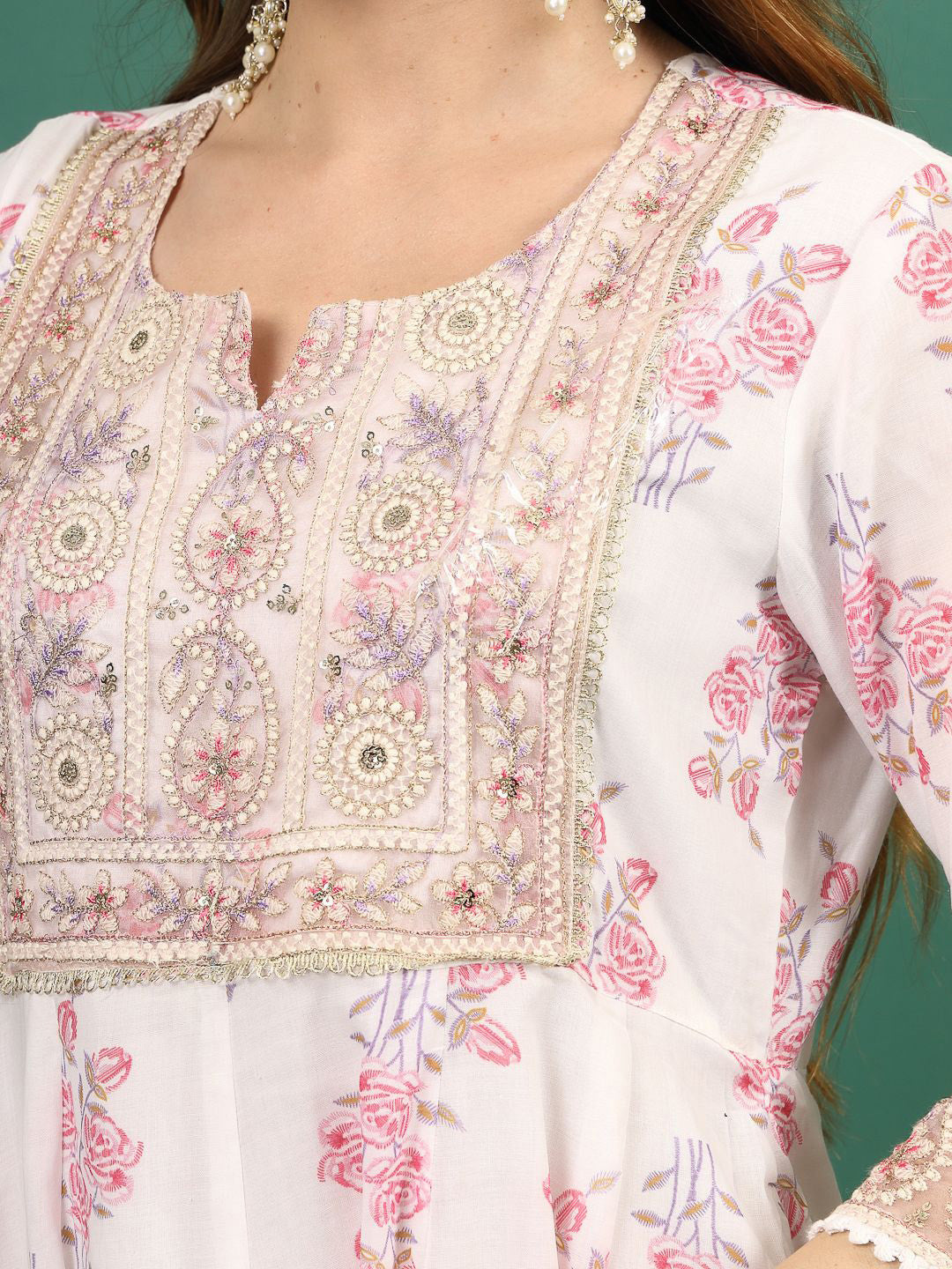 White & Pink Floral Printed Notch Neck Anarkali Kurta With Sharara & Dupatta