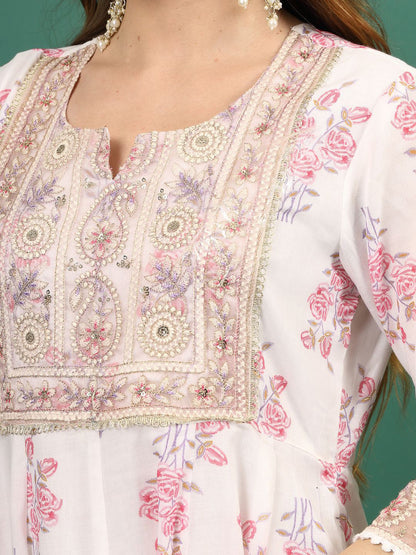 White & Pink Floral Printed Notch Neck Anarkali Kurta With Sharara & Dupatta