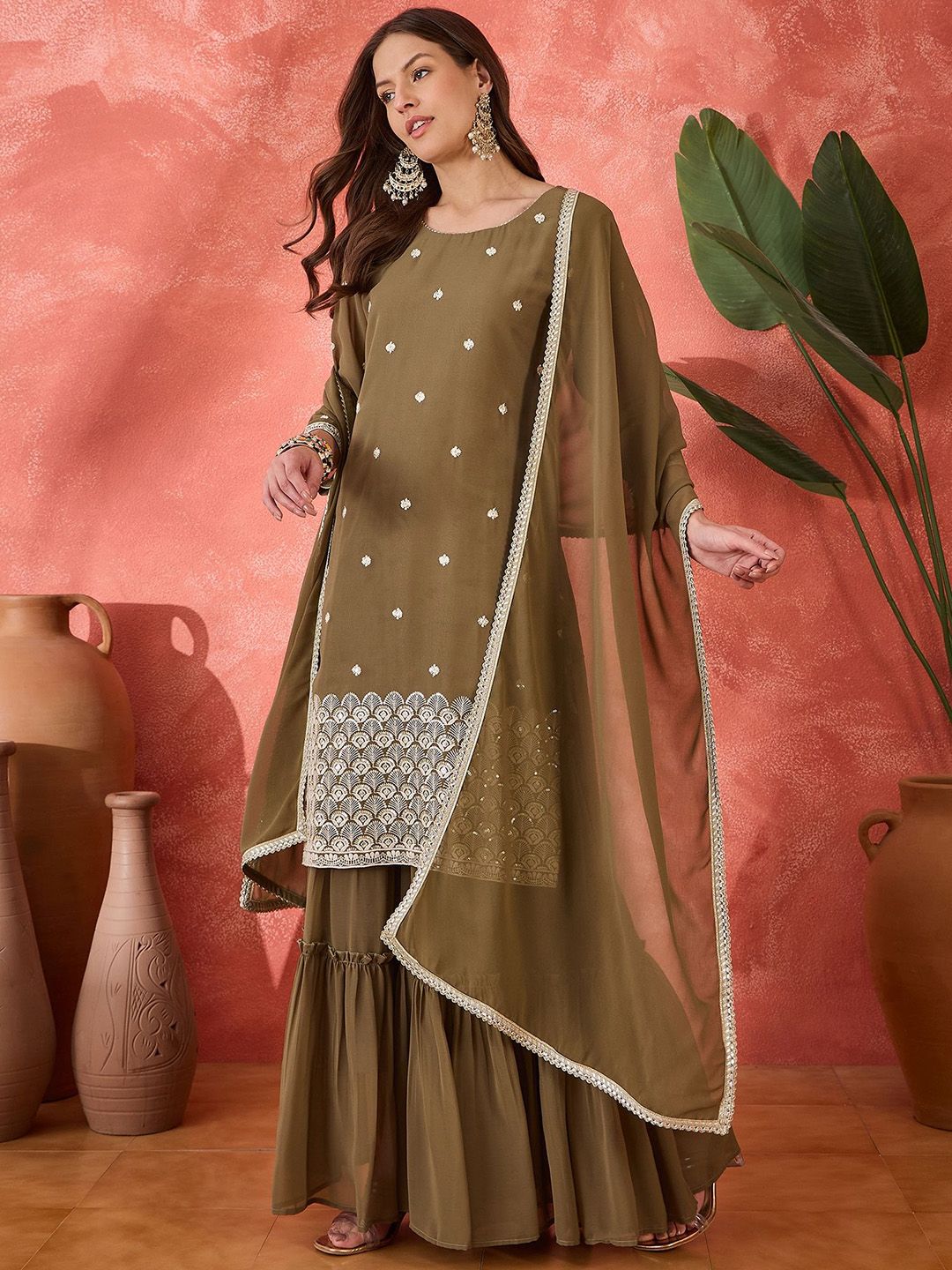 Dhiyona SN Ethnic Motifs Embroidered Straight Kurta & Sharara With Dupatta