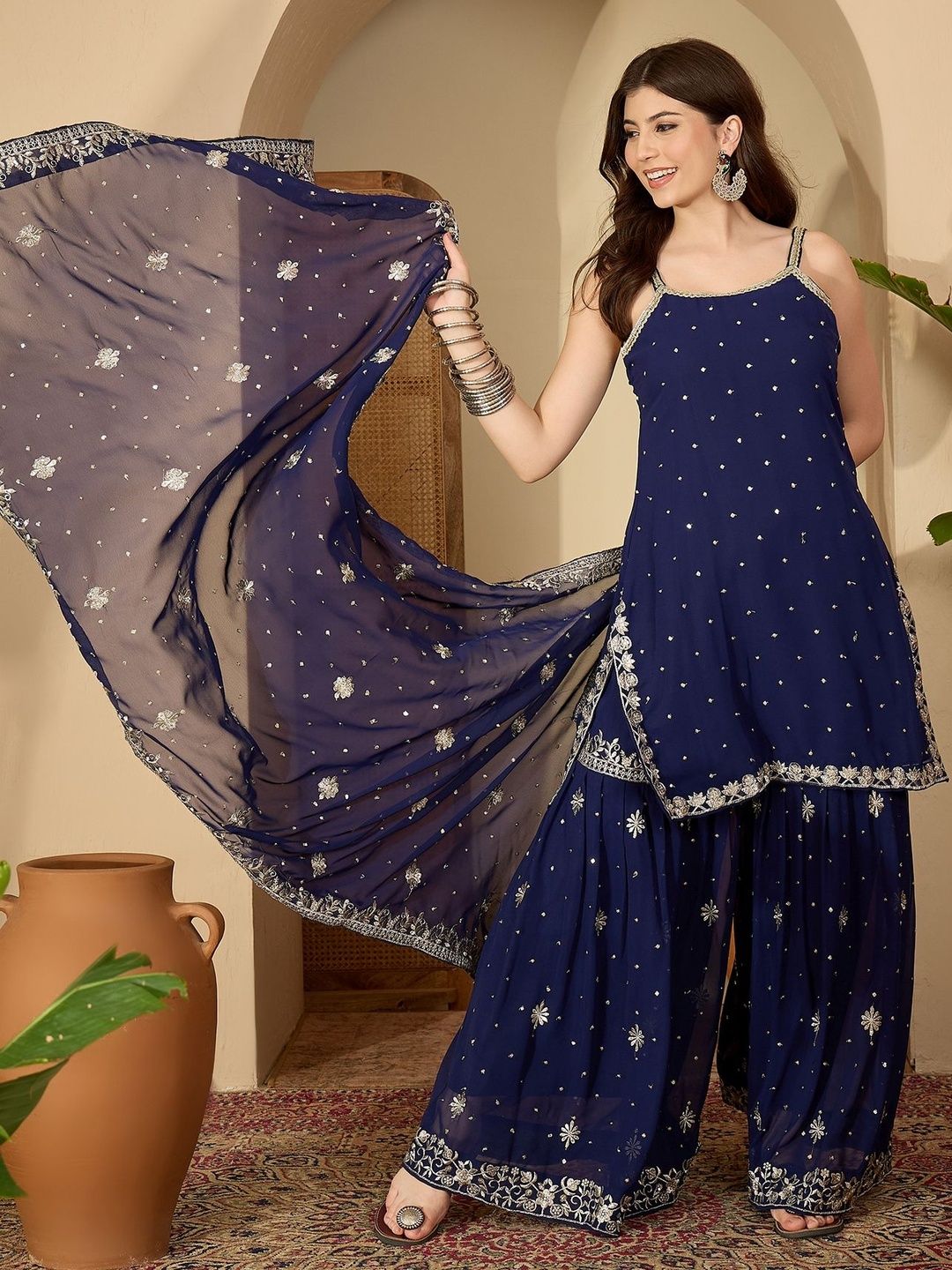Dhiyona SN Ethnic Motifs Embroidered Regular Thread Work Kurti With Sharara & Dupatta
