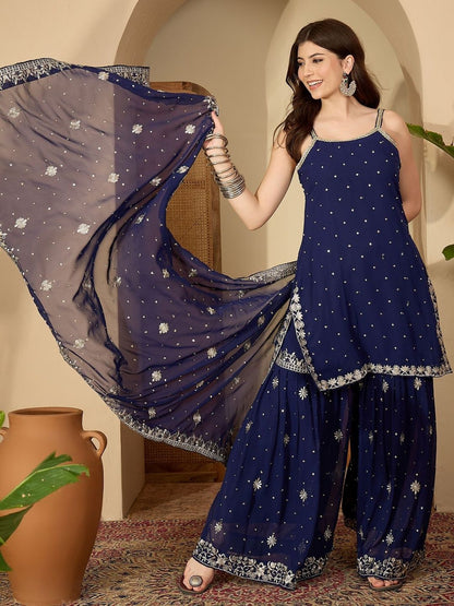 Dhiyona SN Ethnic Motifs Embroidered Regular Thread Work Kurti With Sharara & Dupatta