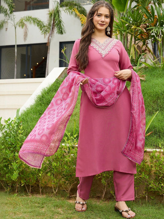 Dhiyona KL Women Ethnic Motifs Embroidered Kurta with Trousers & With Dupatta