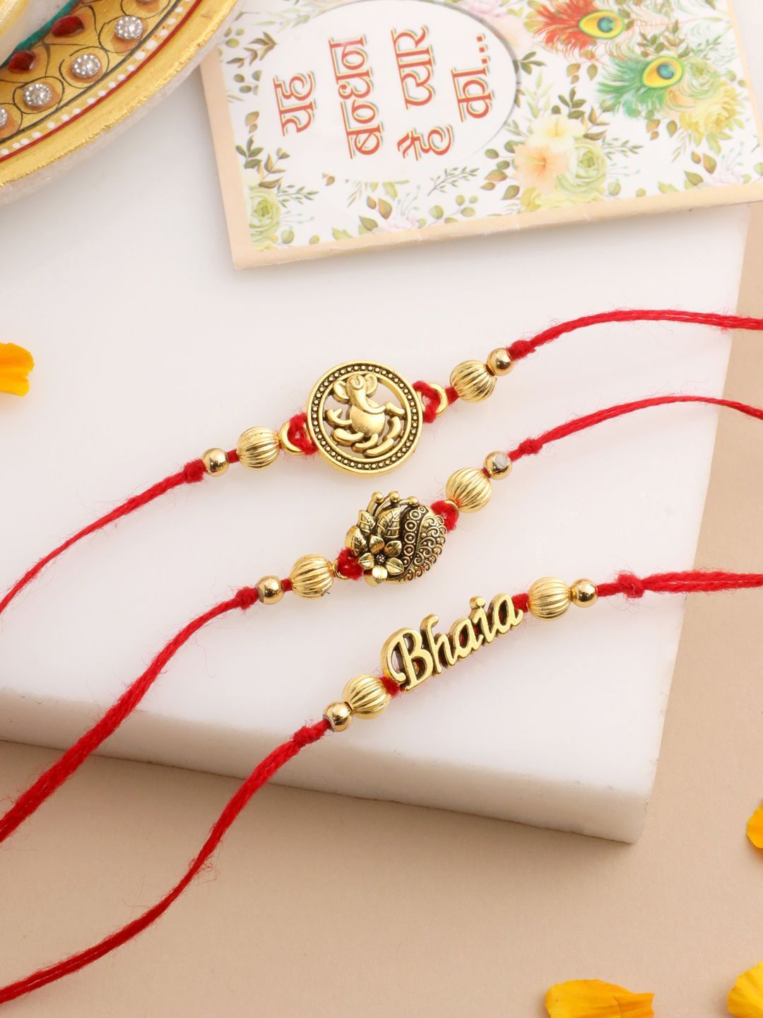 Dhiyona Men Set Of 3 Gold Toned Thread Rakhi With Roli Chawal Chandan Mishri