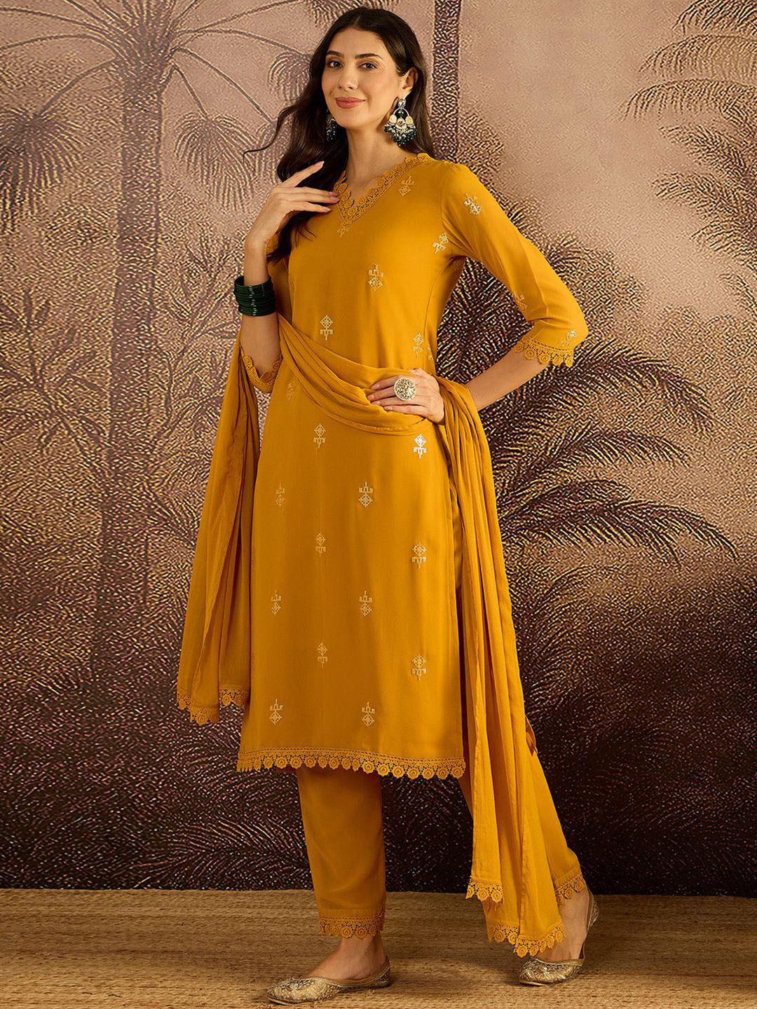 Zari Sequence Embroidered Georgette Straight Kurta With Trousers & Dupatta