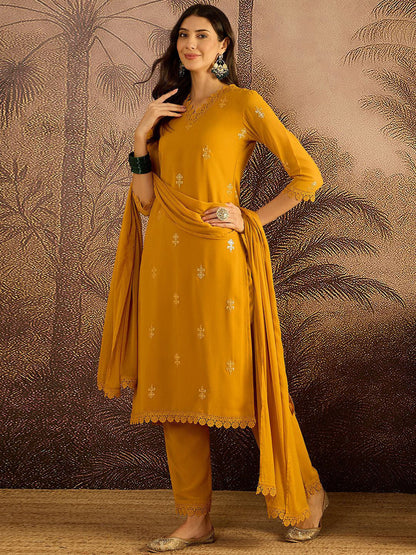 Zari Sequence Embroidered Georgette Straight Kurta With Trousers & Dupatta