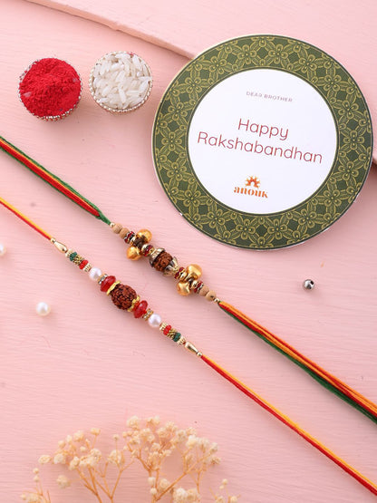 Dhiyona Set Of 2 Small Bells & Rudaraksh Rakhi Comes With Roli Rice & Greeting Card