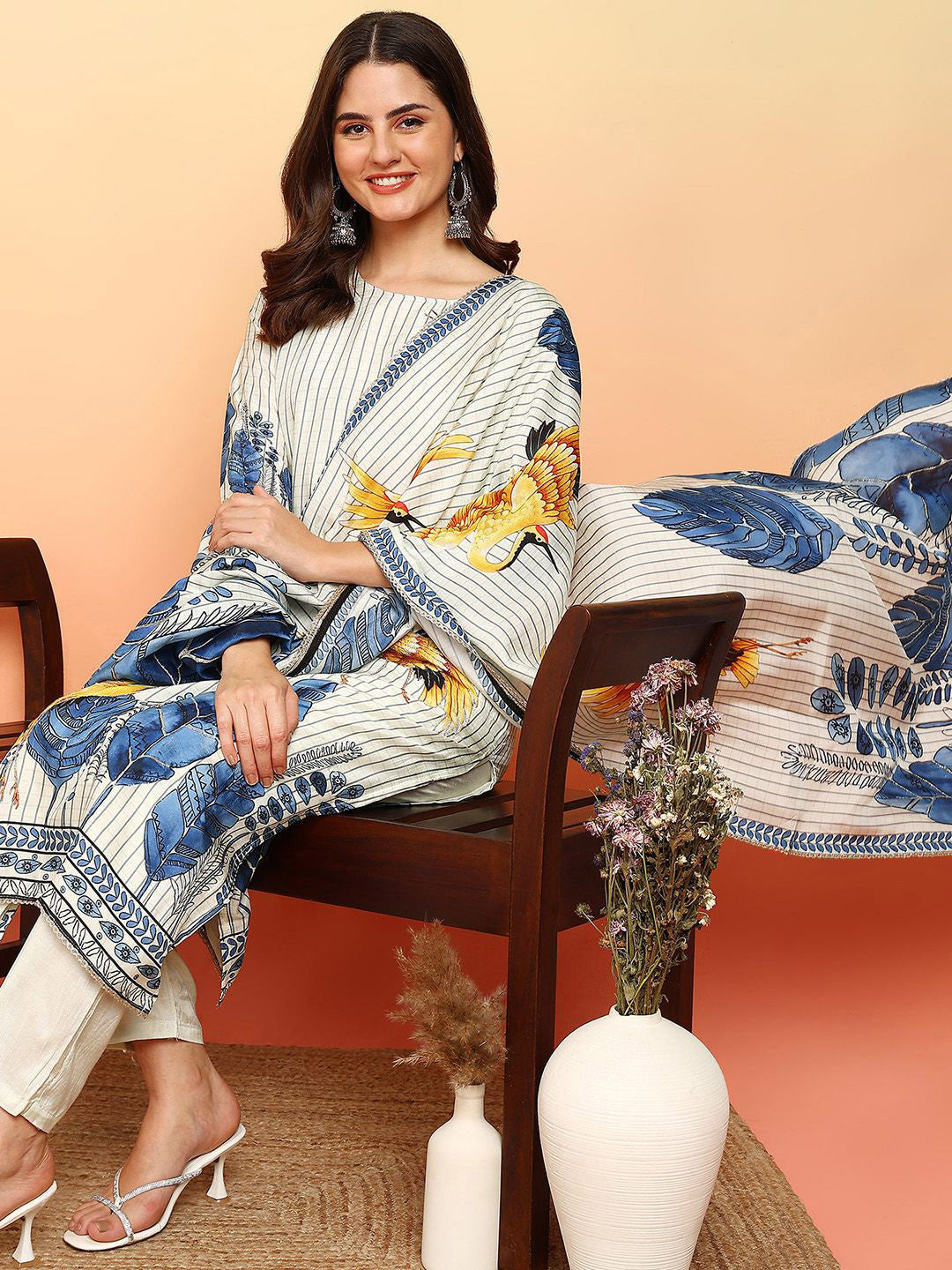 Dhiyona SN Floral Printed Thread Work Art Silk Straight Kurta With Trousers & Dupatta