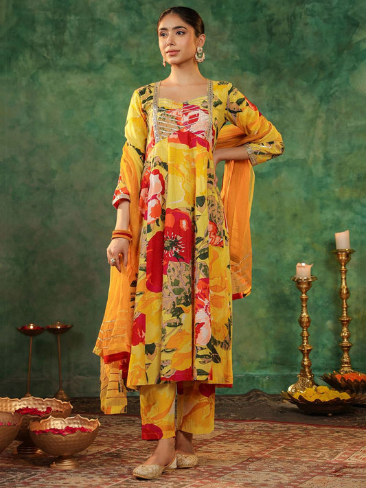 Dhiyona RR Women's Floral Printed Gotta Patti Pure Cotton Kurta Sets