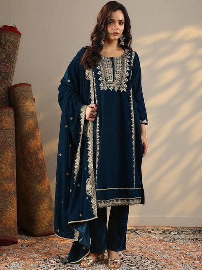 Ethnic Motifs Embroidered Round Neck Zari Velvet Kurta & Trousers With Dupatta