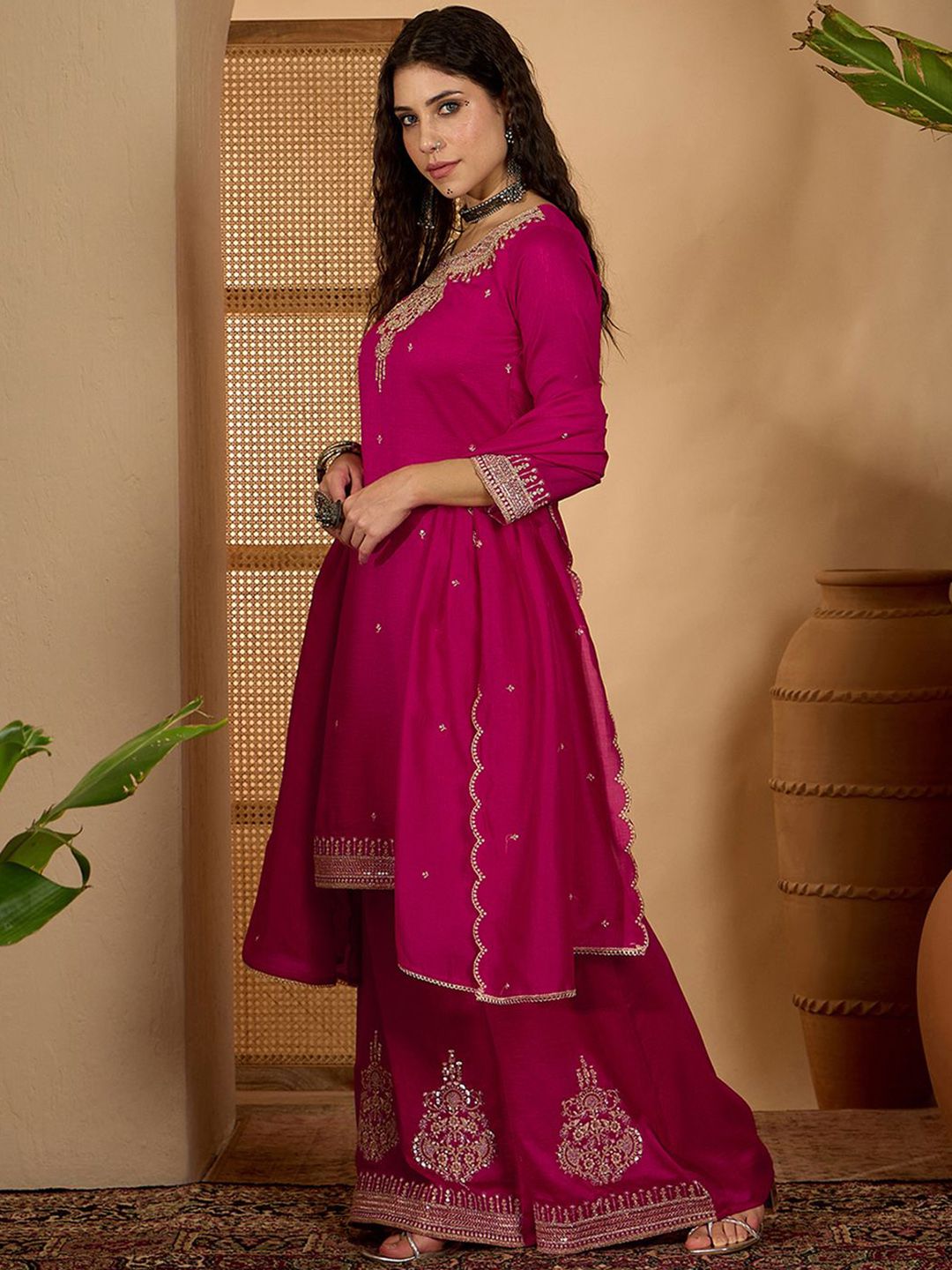 Dhiyona SN Women Embroidered Round Neck Straight Kurta & Palazzos With Dupatta