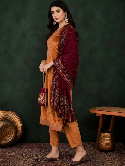 Women Tan Floral Embroidered Sequinned Velvet Kurta & Trouser With Dupatta