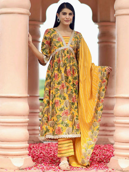 Women's LB Yellow Printed Silk Blend A-Line Kurta With Trousers & Dupatta