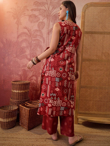 Printed Pure Cotton V-Neck Kurta & Palazzos