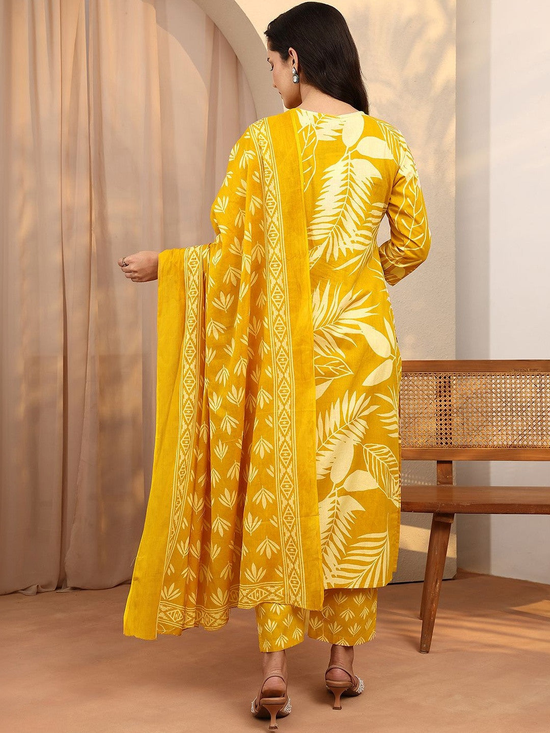 Mustard Floral Printed Cotton Straight Suit Set