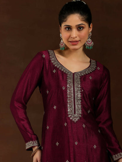 Women's LB Maroon Embroidered Silk Blend Straight Suit With Dupatta