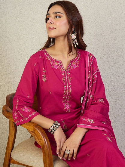 Embroidered Notch Neck Thread Work Pure Cotton Kurta With Trousers & Dupatta