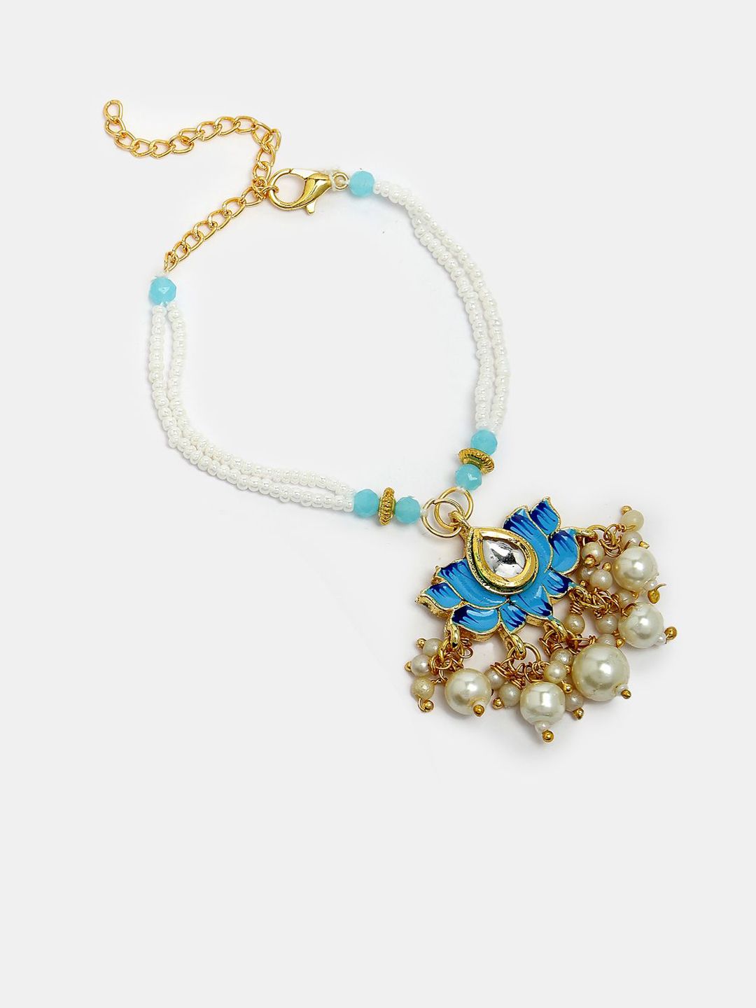 Dhiyona Unisex Set Of 2 Blue Lotus Shape Kundan-Studded & Beaded Wraparound Rakhi Set