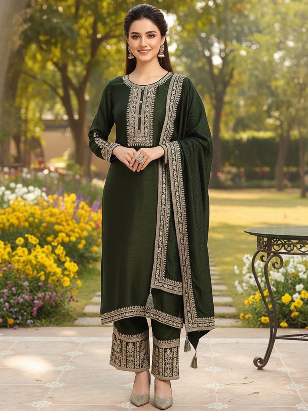 Dhiyona KL Floral Embroidered Thread Work Kurta with Palazzos & Dupatta