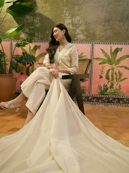 Embroidered Pure Cotton V-Neck Kurta & Trousers With Dupatta