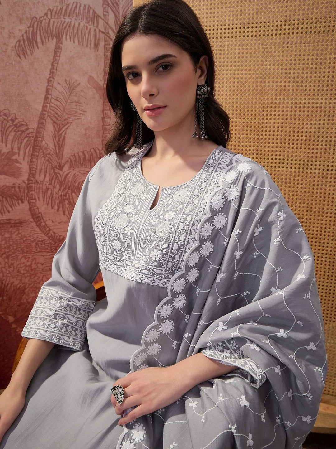 Embroidered Round-Neck Kurta Trousers & Dupatta