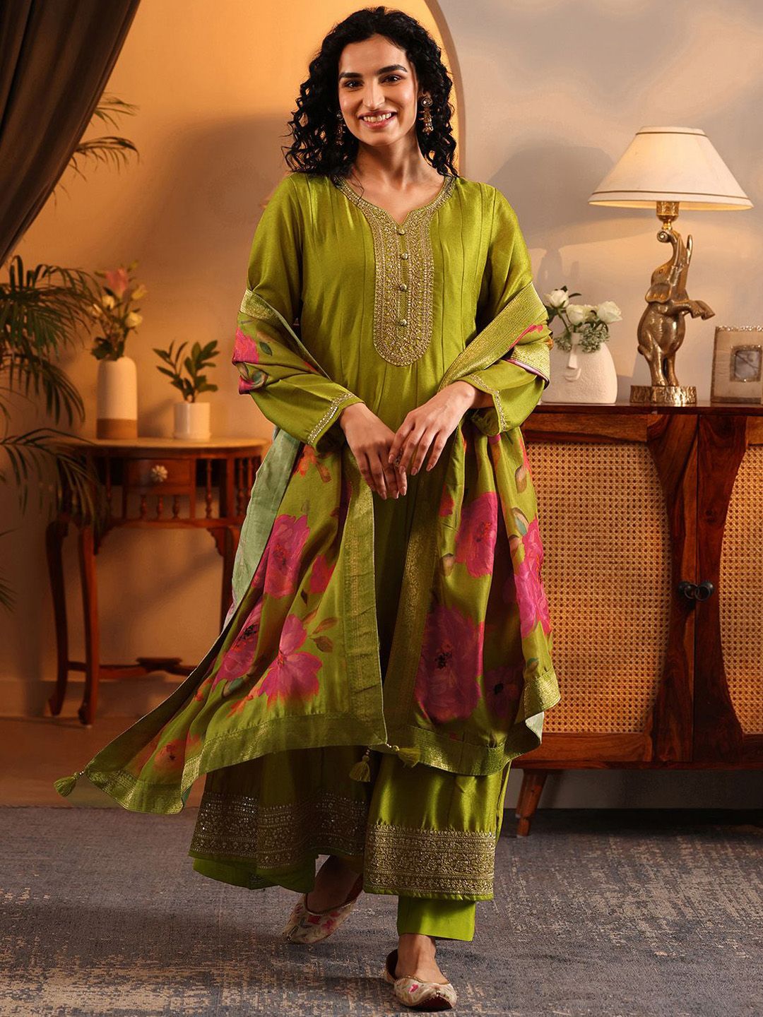 Dhiyona LL Womens Lime green Embroidered Anarkali Kurta With Trousers & Dupatta