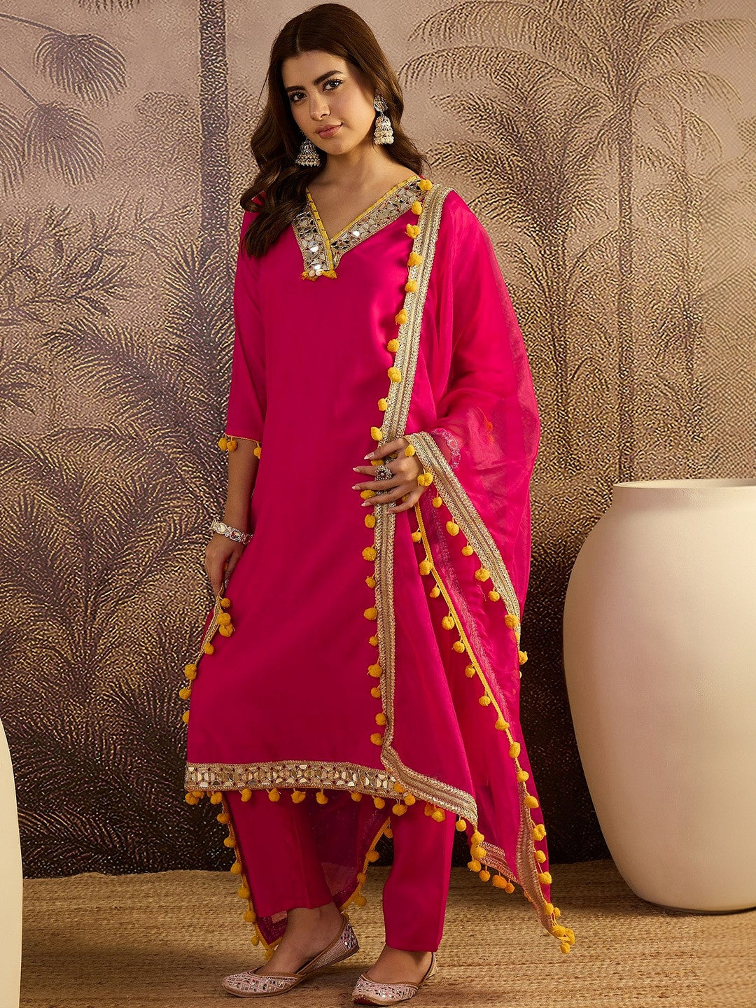 Embroidered V-Neck Kurta & Trousers Kurta Set