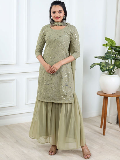 Dhiyona KL Geometric Embroidered Mirror Work Straight Kurta With Sharara & Dupatta