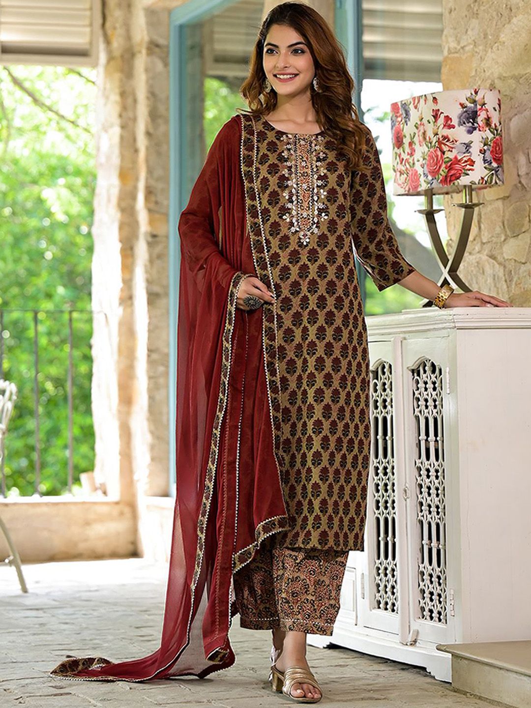 Dhiyona KL Floral Printed Pure Cotton Straight Kurta with Salwar & Dupatta