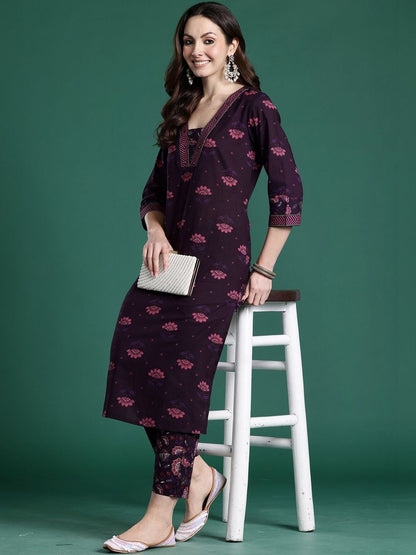 Women Floral Printed Regular Pure Cotton Kurta with Trousers