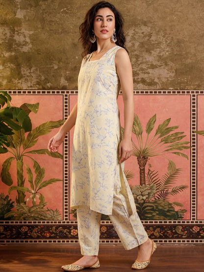 Printed Pure Cotton V-Neck Kurta & Trousers