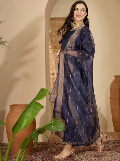 Floral Embroidered Pleated Thread Work Straight Kurta With Palazzos & Dupatta