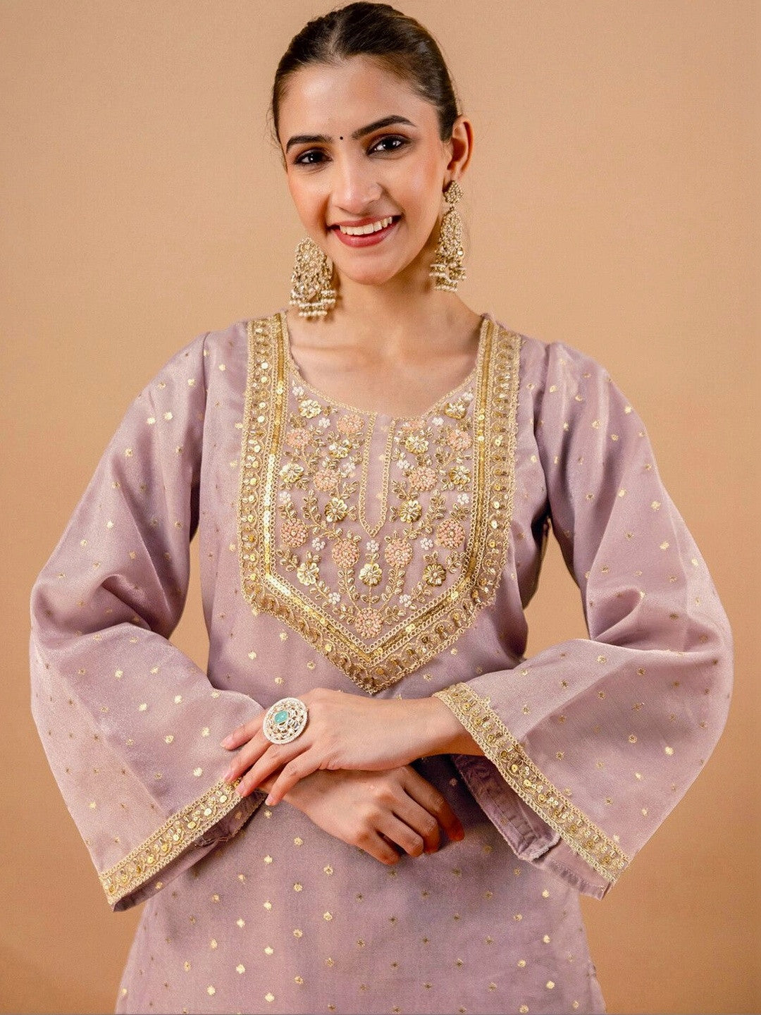 Embroidered Dusty Lavender Silk Blend Kurta Set