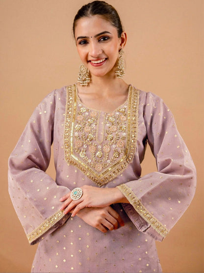 Embroidered Dusty Lavender Silk Blend Kurta Set