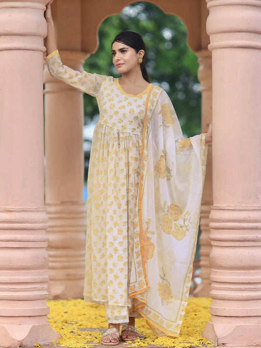 Women's LB Off white Printed Poly Chiffon A-Line Kurta With Sharara & Dupatta