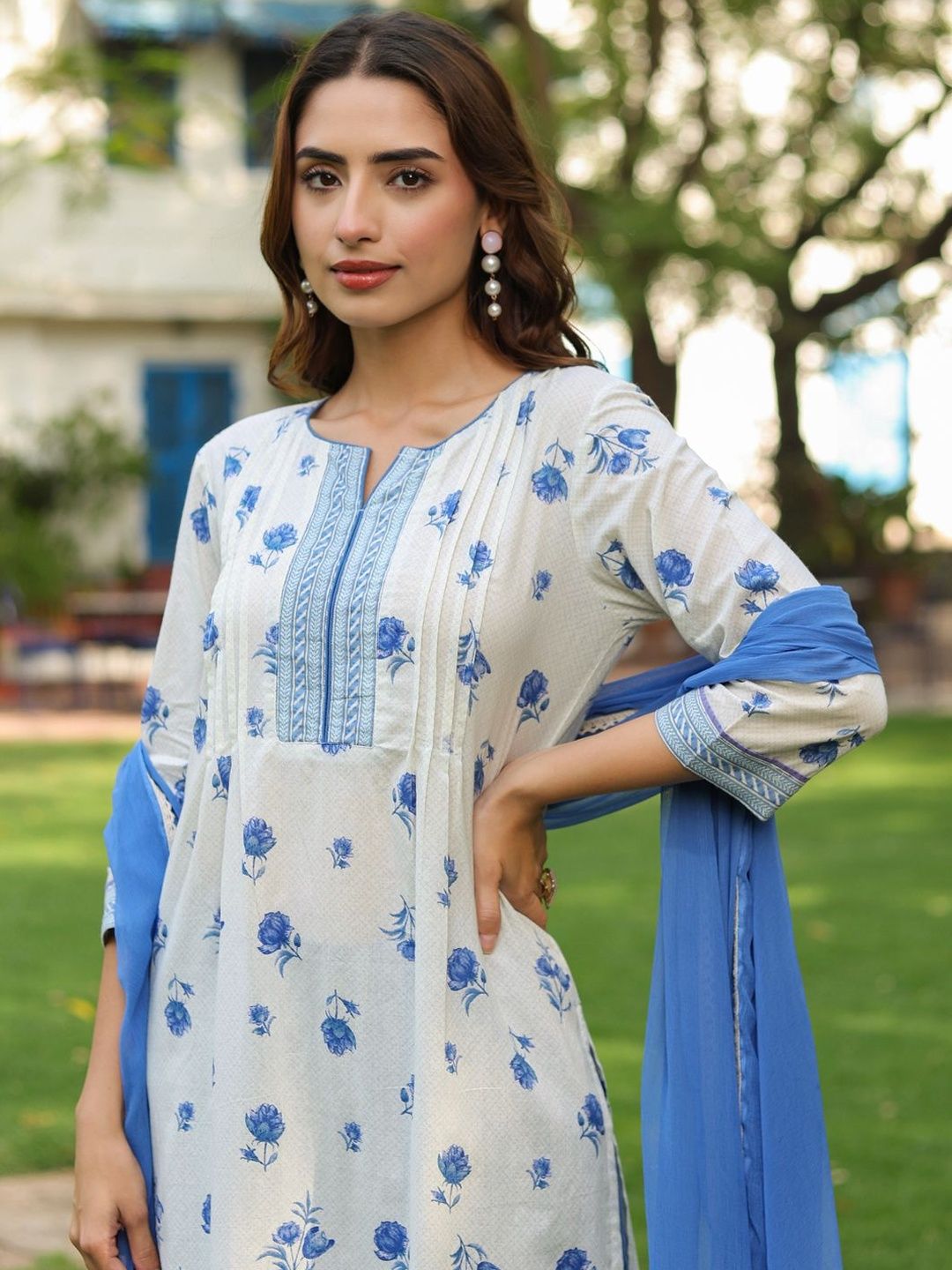 Dhiyona RR Women's Floral Printed Pure Cotton Kurta with Trousers & Dupatta