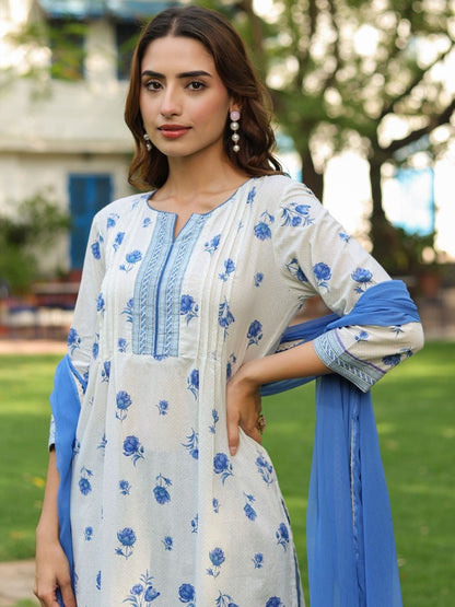 Dhiyona RR Women's Floral Printed Pure Cotton Kurta with Trousers & Dupatta