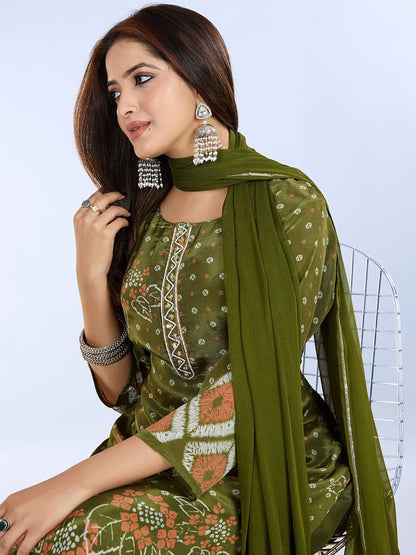 Dhiyona IS Women's Floral Printed Beads And Stones Straight Kurta With Trousers And Dupatta