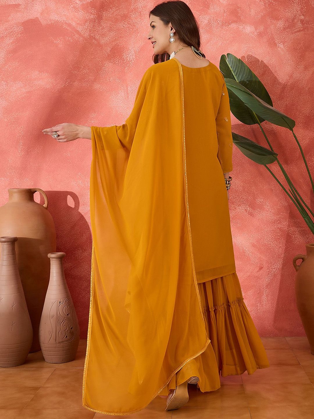 Dhiyona SN Floral Embroidered V-neck Straight Kurta With Sharara And Dupatta