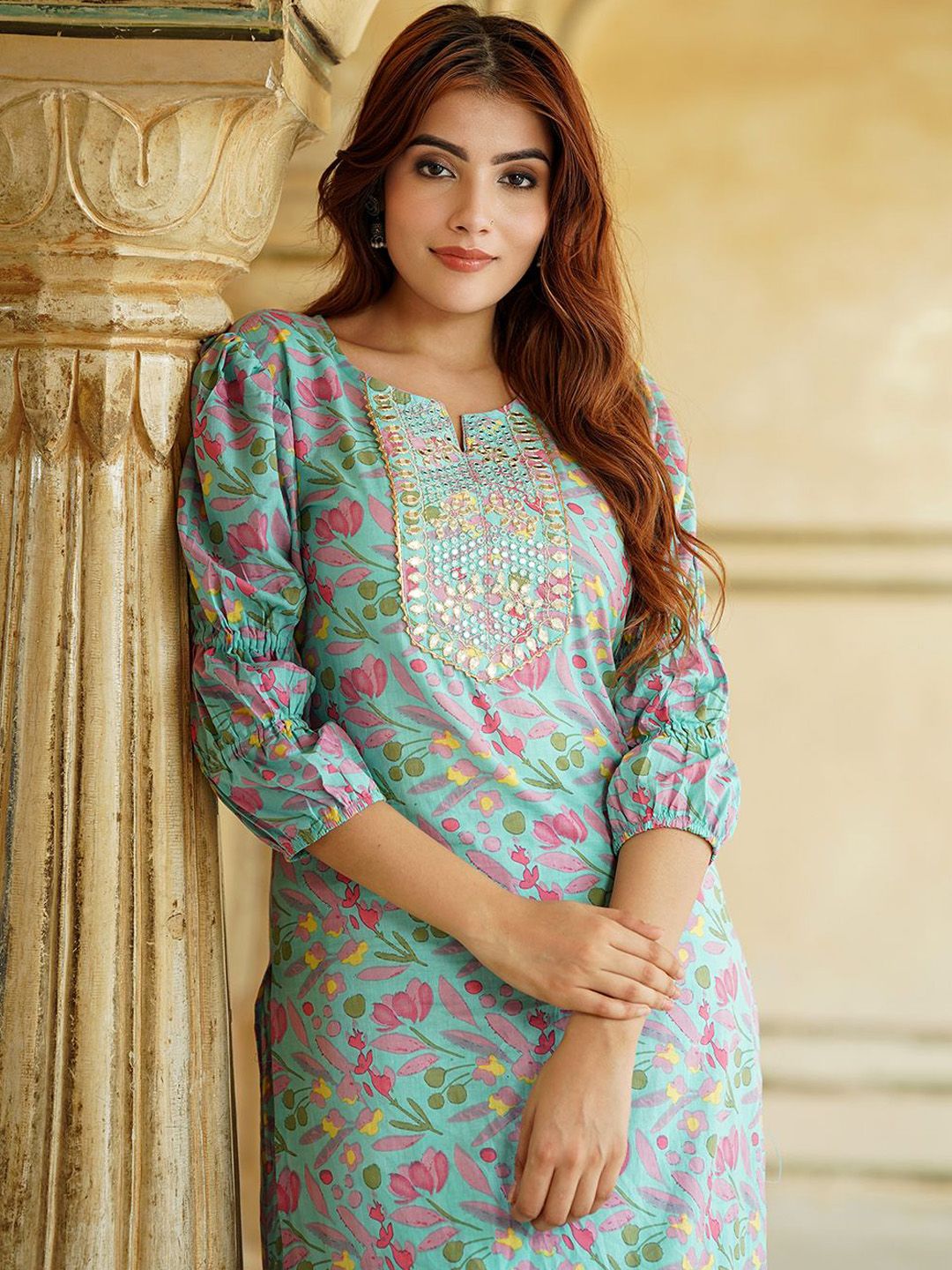 Dhiyona KL Floral Printed Mirror Work Pure Cotton Straight Kurta With Trousers & Dupatta
