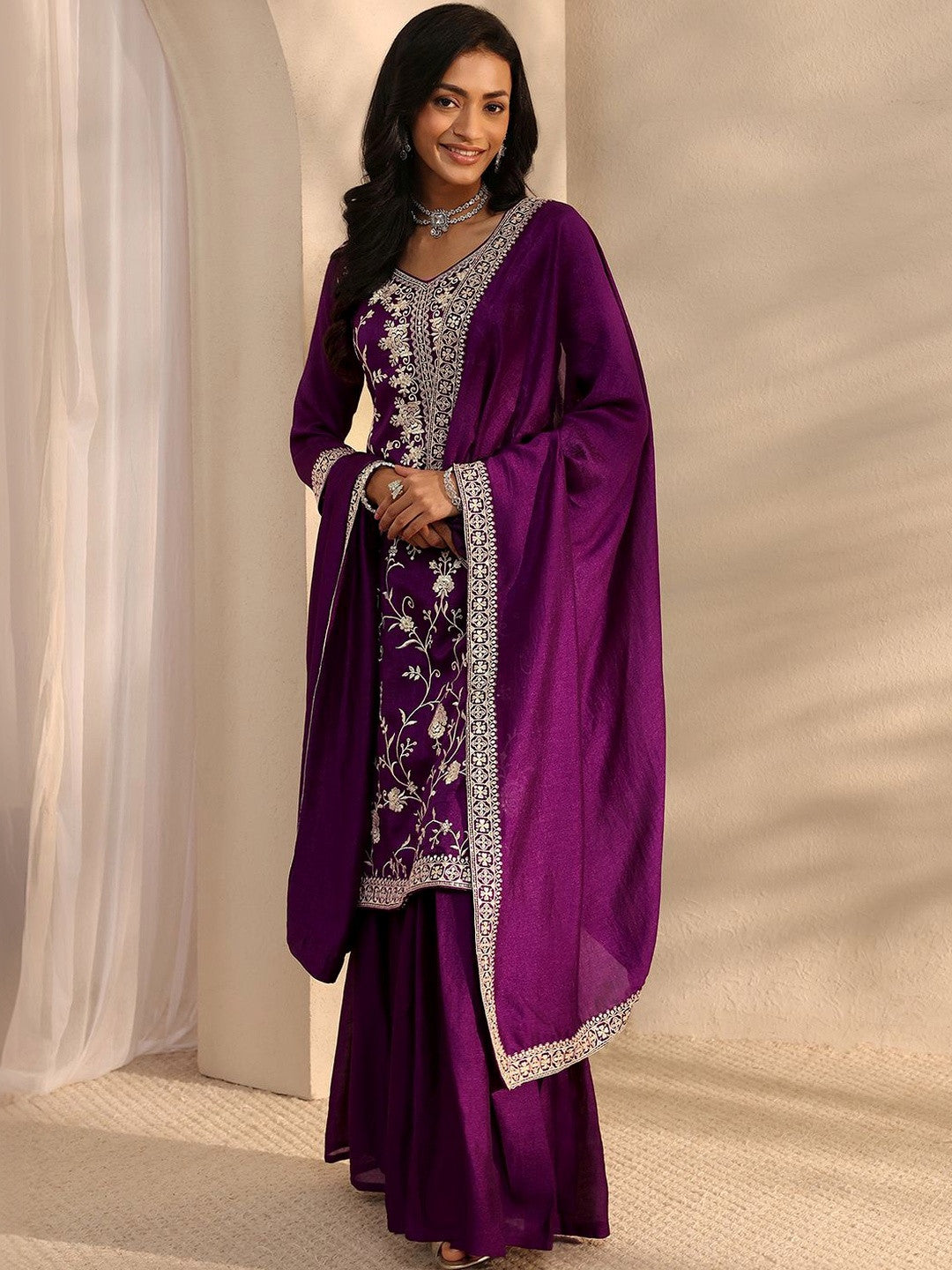 Purple Embroidered Sharara Suit Set with Dupatta