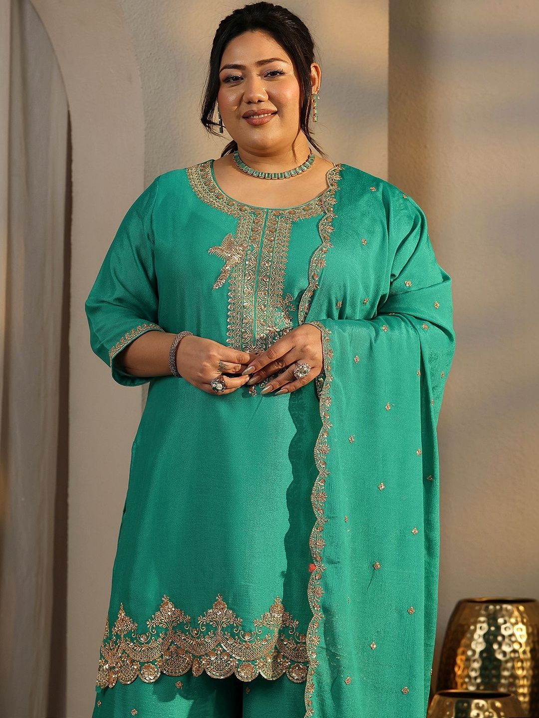 Dhiyona Women's Plus Size Ethnic Motifs Embroidered Kurta with Palazzo & Dupatta